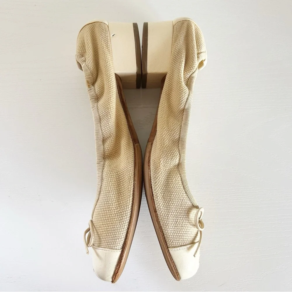Chanel Low Block Heel Pumps Beige Fabric CC Cap Toe Bow EU 36.5C US 6.5